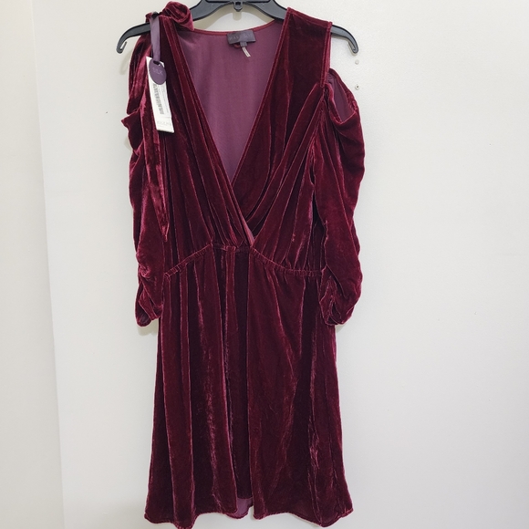 HALE BOB Silk Velvet Cold Shoulder Blouson Dress Tie Shoulder L‎ Cranberry NWT - Picture 9 of 16